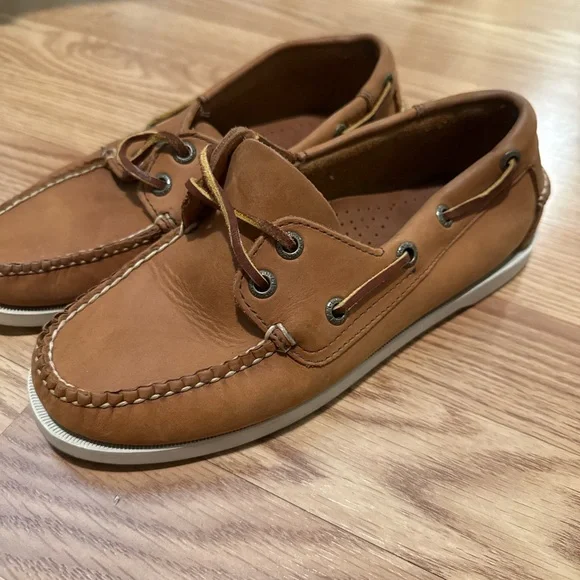 L.L.Bean Boat Shoes Womens 6W Wide Tan Leather Lace Up Moc Toe Loafers - Picture 9 of 10